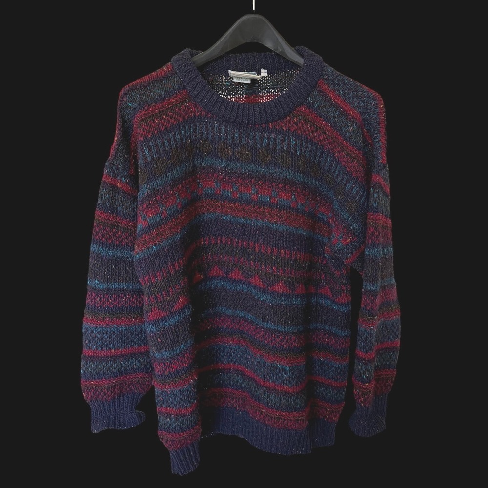 Gaeltarra‎ Wool Blend Sweater Made in Ireland Striped Fair Isle Navy Red M